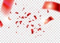 Red Confetti. Tinsel. Vector Festive Illustration of Falling Shiny Confetti Glitters Isolated on Transparent Checkered Royalty Free Stock Photo