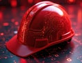 Red construction helmet with digital technology circuit board design. Safety-gear hard hat, infrastructure building, engineering, Royalty Free Stock Photo