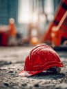 Red construction helmet resting on rough ground at an active building site with blurred machinery and sunlight in the background Royalty Free Stock Photo