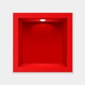 Red container with glass and lighting template. Indoor empty cube exhibition stand with white backlight lamp