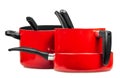 Red cooking pans and pots Royalty Free Stock Photo