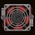 Red Cooling System Fan Behind Gray Metal Grille