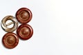 Red copper ginger wooden isolated circles buttons. Elements of art decoration