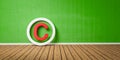 Red Copyright Symbol on Wodden Floor lean on green Grunge Wall with Copy Space - 3D-Illustration