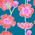 Red coral poppies, white outline on turquoise background