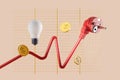 Red cord and graph chart with lightbulb and coins