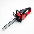 Red cordless chainsaw with sharp metal chain and black handle. This portable tool is ready for yard work and construction Royalty Free Stock Photo
