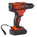 Red cordless drill with black decorative trim.