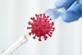 red coronavirus with blurred doctor hand wearing the blue surgical glove and holding covid-19 vaccine Royalty Free Stock Photo