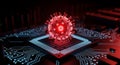 Red Coronavirus Particle on a Computer Microchip COVID-19 pandemic Royalty Free Stock Photo
