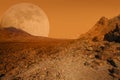 Red cosmic landscape. Mars planet scene with desert, stone, sand and sky background. Elements of this image furnished by NASA Royalty Free Stock Photo