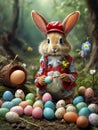 Red costumed lovely Rabbits with Easter eggs in the forest