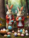 Red costumed Rabbits with Easter eggs in the forest