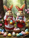 Red costumed two Easter bunnies with colored eggs in the forest