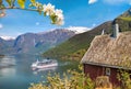 Red cottage against cruise ship in fjord, Flam, Norway