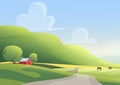 Red cottage and grazing horses on sides of countryside road against green hills and cloudy blue sky. Cartoon landscape Royalty Free Stock Photo