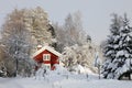 Red cottage and winter landscape Royalty Free Stock Photo