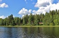 Red cottages by a lake in Norrbotten