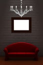 Red couch with empty frame and luxury chandelier