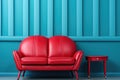 A red couch sitting next to a small table. AI.