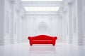 Red couch in white room with skylight. Generative AI Royalty Free Stock Photo