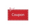 Red coupon tag. Cutting scissors. Discount label in flat design. Dashed line. Promotion price. Sale sticker in gradient.