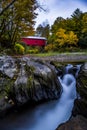 Red Covered Bridge and Waterfall - Autumn / Fall - Vermont Royalty Free Stock Photo