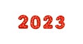 Red Cozy Gingerbread cookies in the form of numbers 2023 on a white background. New year concept. Top view. Copy space
