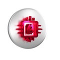 Red CPU mining farm icon isolated on transparent background. Bitcoin sign inside processor. Cryptocurrency mining