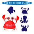 Red Crab Find the correct shadow kids educational puzzle game The Theme Of Mermaids vector illustration Royalty Free Stock Photo