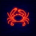 Red crab neon icon. Summer concept. Seafood shop emblem. Travel and relax. Vector stock illustration Royalty Free Stock Photo