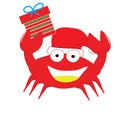 Red crab put christmas hat and gift box happy isolated