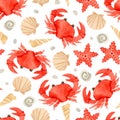 Red crab, sea star and shells watercolor seamless pattern Royalty Free Stock Photo