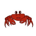 Red crab smiles, claws apart, has a positive attitude. Cartoon outline Vector doodle isolated animal on white background Royalty Free Stock Photo