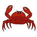 Red crab is smiling, claws are apart at the top, crustacean has a positive attitude. Cartoon outline Vector doodle isolated animal Royalty Free Stock Photo