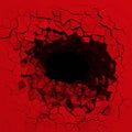 Red cracked wall with broken explosion hole to black dark Royalty Free Stock Photo