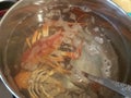 Red crayfish in a boiled bowl