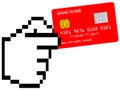 Red credit card in pixelated hand