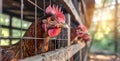 Red crested chicken pokes its head through the bars of a metal old cage at a rural poultry farm Royalty Free Stock Photo