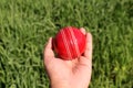 Red Cricket Sports Ball test Match in hand