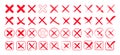 Red cross collection. Set of red brush cross shapes. Rejected, cancel, wrong cross symbol collection Royalty Free Stock Photo