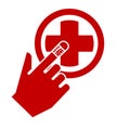 Red cross. Hand with a cut finger wrapped in a band-aid. Emergency medical care. Vector illustration Royalty Free Stock Photo