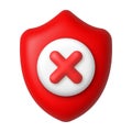 Red cross and shield 3d icon. Cancel and danger concept. 3d realistic vector design element