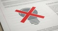 Red cross symbol over light bulb image on paper document symbolizing no idea or incorrect solution Royalty Free Stock Photo