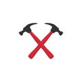 Red crossed carpenter hammers. Handyman, locksmith, joiner claw hammer tool for repair and maintenance