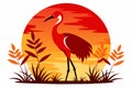 Red Crowned Crane Silhouette at Sunset Vector Illustration with Pond Plants white background