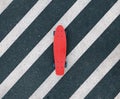 Red cruiser board on dark gray and white crosswalk. Plastic penny skateboard on asphalt, shot from the top.