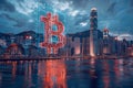 red crypto currency sign with bitcoin symbol on the background of the city