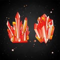 Red crystal, cartoon cute vector Quartz illustration. Quartz Crystal crown and crystal druse, red grain on black