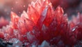 Red crystal cluster macro. Sharp geometric facets gleam with inner light. Tiny particles float in soft bokeh background. Abstract Royalty Free Stock Photo